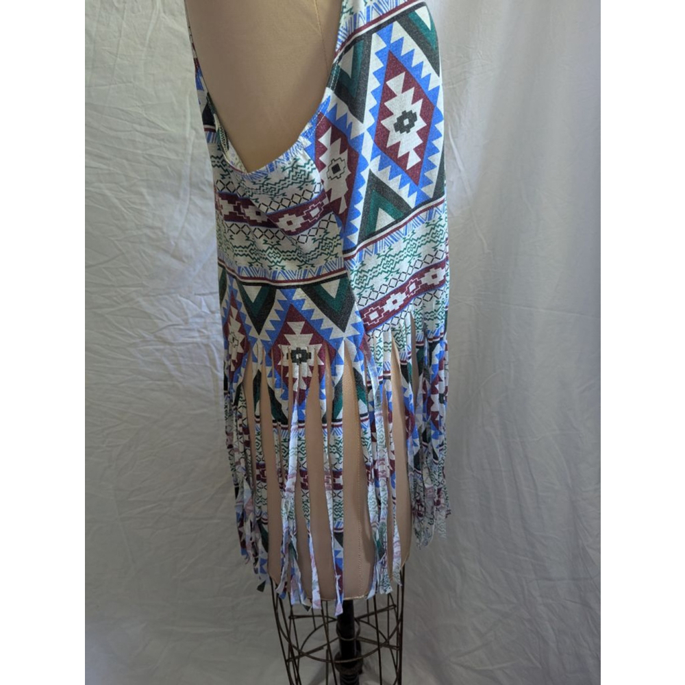 Vtg Southwestern Print Fringe Hem Tank Top Multicolor Racerback Boho Festival - Picture 2 of 5